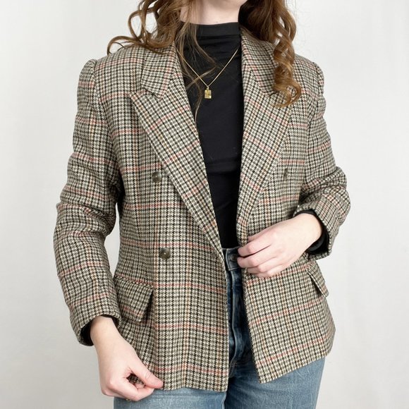 Vintage Jackets & Blazers - Vintage Oversized Double Breasted Houndstooth Plaid Wool Knit Blazer Jacket Coat